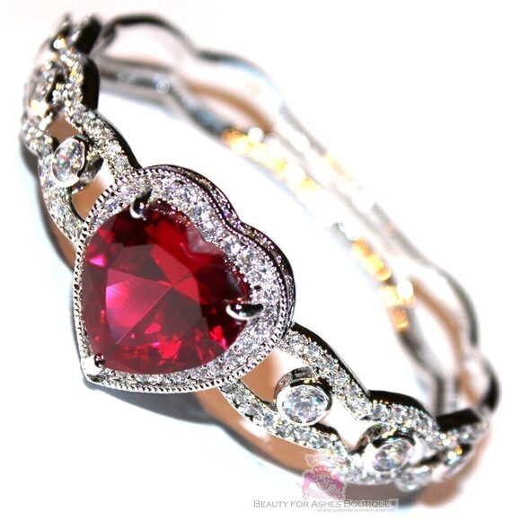 Ruby Red Prophets Heart Valentines Day Love Cuff Cubic Zirconia CZ Bracelet 7.5" - Picture 1 of 7